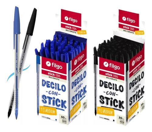 Pack of 50 Filgo Stick 026 Ballpoint Pens 1mm in Blue or Black 0