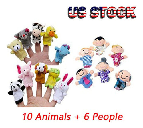 16pc Finger Puppets Animals (10) People (6) Family Members E 1