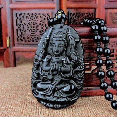 Natural Obsidiana Negro Guanyin Buda Lucky Lucky Colgantes P 2