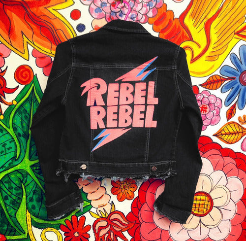 Women's Black Jean Jacket Hand-painted David Bowie Rebel Rebel Print 0