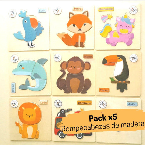 Cubeta Pack X5 Wooden Puzzles Animals/Transport/Dinos 2