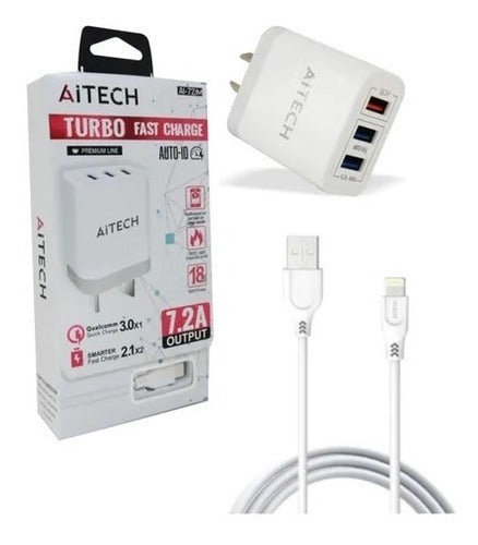 Aitech Wall Charger with Lightning Cable 3 USB 7.2A Qi 0