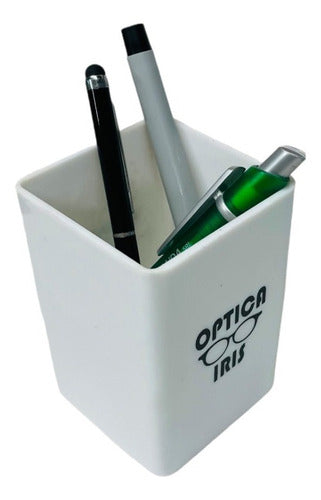 50 White Plastic Pen Holder Cubes with Full Color Logo Printed on 2 Sides 1