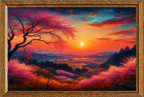 Cuadro De Arte Digital Atardecer Cerezos 70x50cm Pieza Única 0