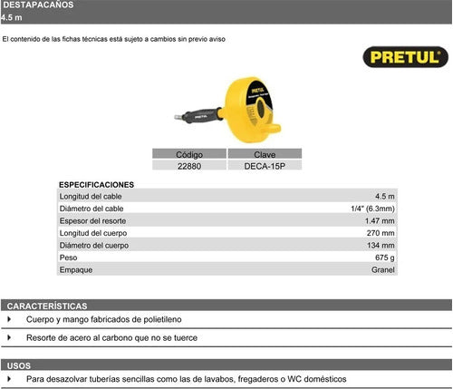 Cinta Destapa Caños 4,50 Metros Pretul Resorte De Acero 1