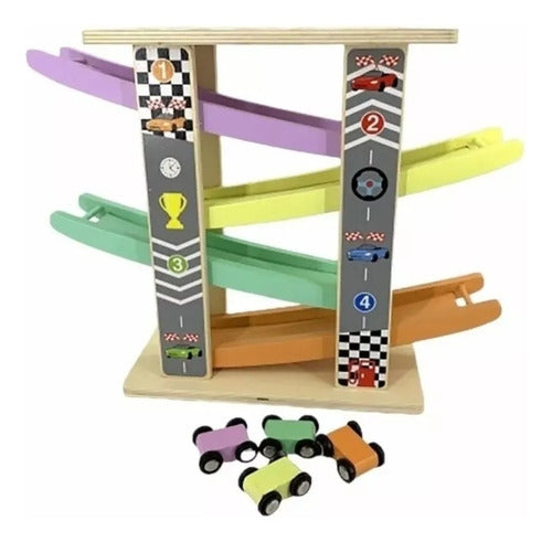 Wooden Slide Track with 4 Educational Toy Cars for Kids 0