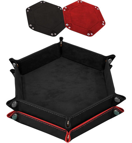 Bandeja De Dados Plegable En Cuero Negro Y Rojo Para Juegos 0