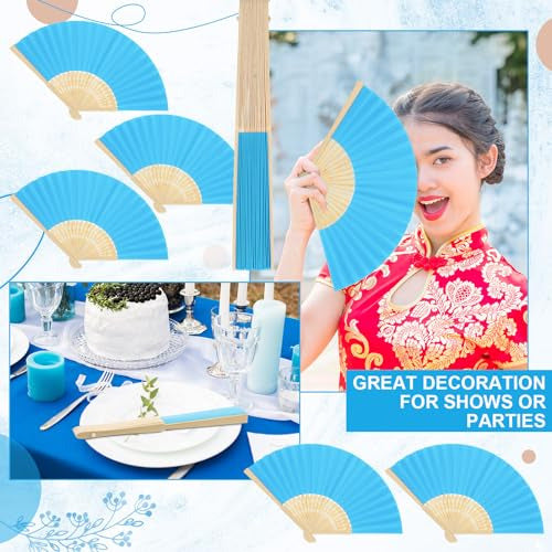 Yinkin Folding Fans Bamboo and Paper Handheld Folded Fans for Decor, Weddings Blue 1