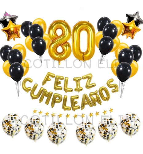 Cotillón Eli Combo Feliz Cumple Globos Confeti Dorado Negro Guirnalda 0