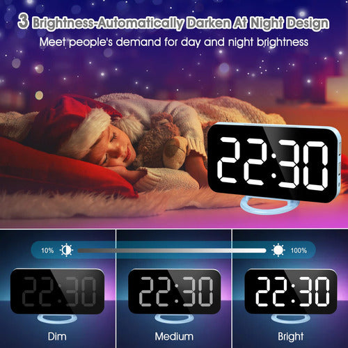 Wulawindy Reloj Despertador Digital, Pantalla Led De Espejo 3