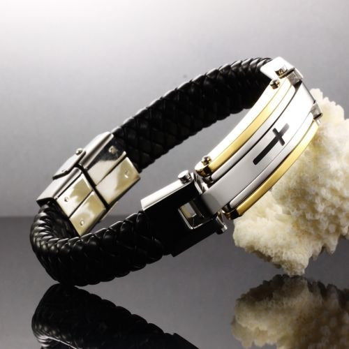 Opk Braided Leather and Cross Stainless Steel Bracelet 2