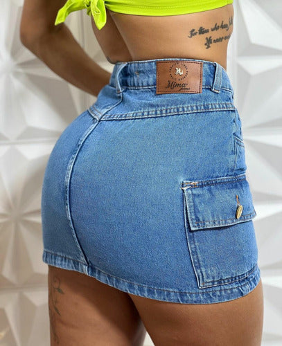 Mini Saia Jeans Cargo Feminina Cintura Alta Empina Bumbum 5