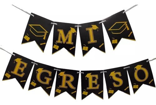 Banderin Mi Egreso Guirnalda Decoración Negro Dorado 0