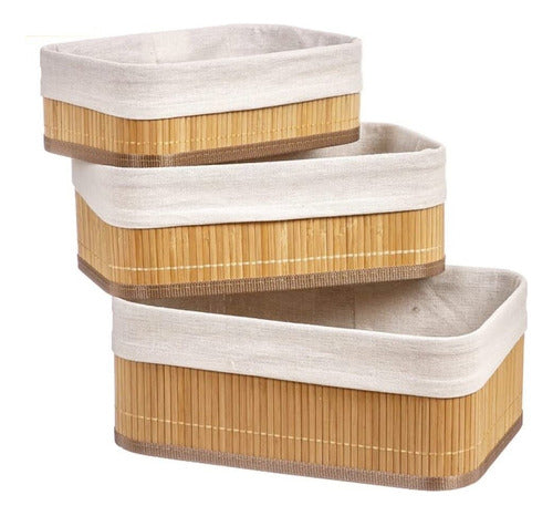 Set of 3 Bamboo Fabric-Lined Organizing Baskets 0