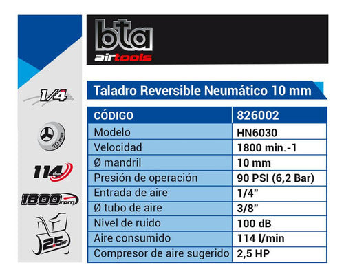 Bta Air Tools Reversible Pneumatic Drill 10 Mm Bta Airtools 826002 Bta A 1