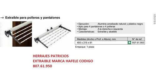 Percha Extraible Hafele 807.61.950 Para Polleras Y Pantalon. 1