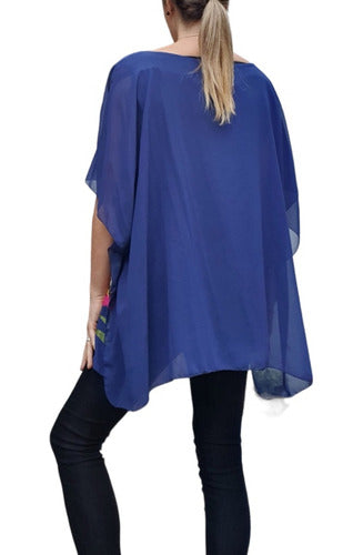 Wide Poncho Style Blouse / Tunic Embroidered with Flowers 2