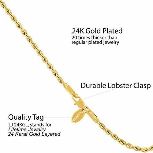 Lifetime Jewelry 3mm Rope Chain Bracelet 24k 3