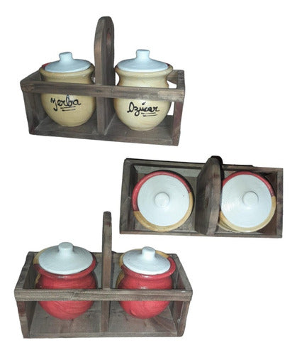 Handmade Clay Sugar and Mate Set with Wooden Stand 1