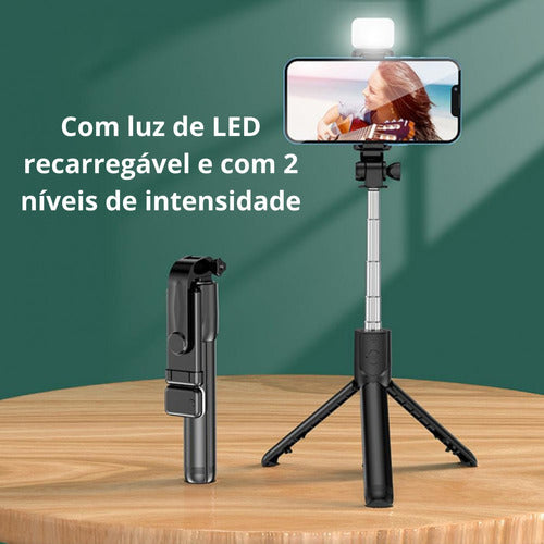 Tripé Bastão Pau De Selfie Com Controle Bluetooth Luz De Led 2