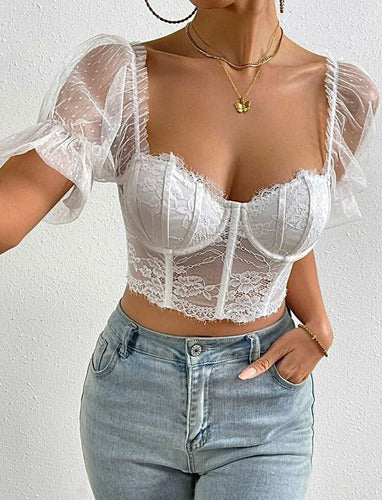 Shein White Romantic Lace Corset Bustier Top with Sleeves 3