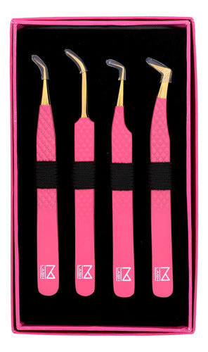 M Lash Set of 4 Professional Eyelash Extension Tweezers - Pink 3