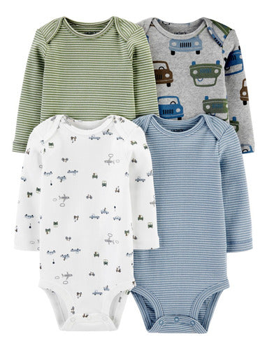 Carter's Pack of 4 Cotton Long Sleeve Bodysuits with Cars and Stripes 0