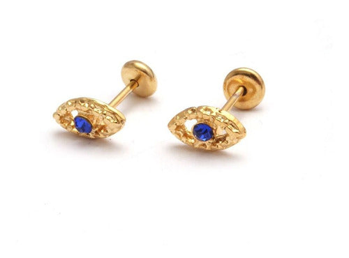 Turkish Eye Opener Earrings with Blue Cubic Zirconia in Golden Stainless Steel 0