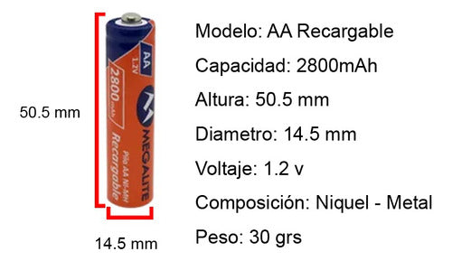 Megalite Rechargeable AA Batteries 2800 mAh - Pack of 2 Units 1