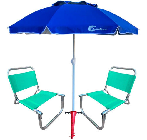 Set of 2 Reinforced Aluminum Beach Chairs 90kg + Super Strong 2m Umbrella 45