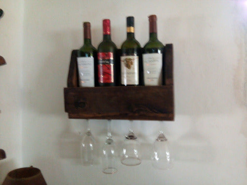 Rustic Wood Wall Wine Rack for 4 Bottles with Glass Holder for 4 Glasses 1