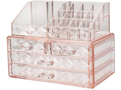 Organizador Rosa Maquillaje Acrílico Diamante 4 Caj + 16 Div 2