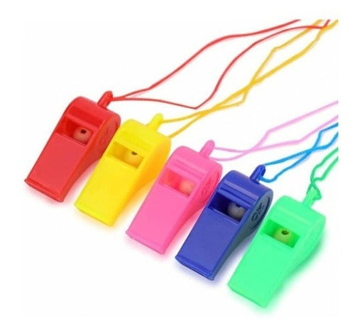Pack of 24 Assorted Color Large Whistles with Cord 0
