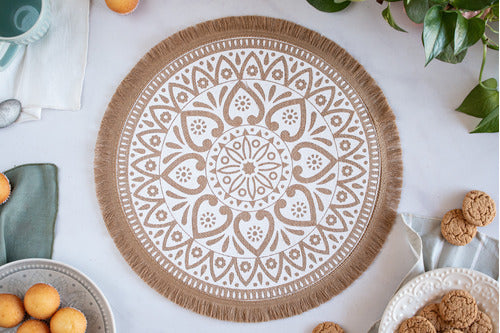 Big Deco Style Individual Round Jute Placemat With White Print 38cm 1