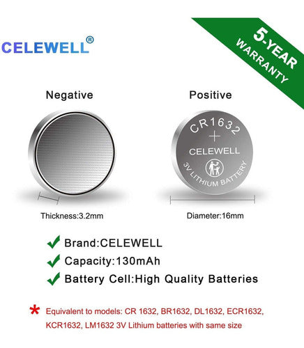 CELEWELL CR1632 Lithium 3V Batteries for Garmin Vivofit (5 Units) 1