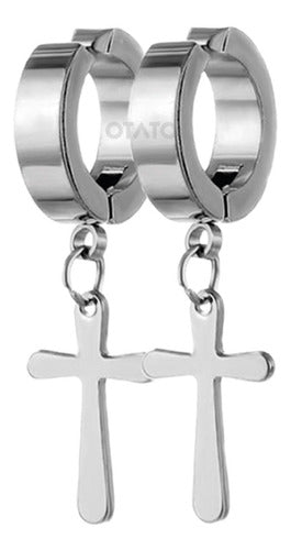 Otato Cuban Hoop Cross Earrings Fake Piercing Pressure Steel 1