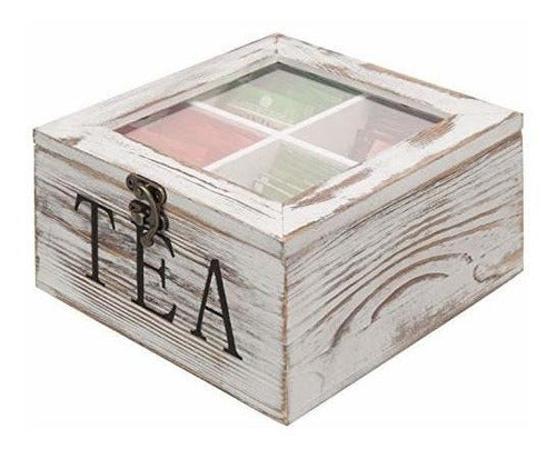 MyGift Rustic Whitewashed Wood Tea Bag Storage Chest With Clear Lid And Latch 3