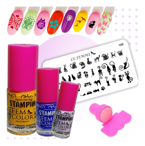 Lefemme Stamping Kit 3 Fem Color Nail Polishes 1 Large Stamping Plate 0