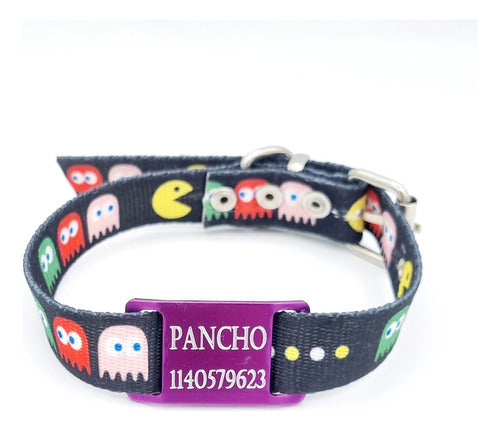 Medallas Para Perros Chapita Perro Chico Violeta + Collar Pacman 2cm De Ancho 1