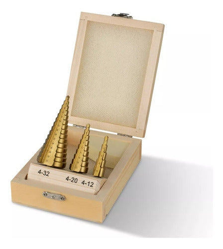 Set of 3 Stepped Drills 4-12 4-20 4-32 Titanium Coated in Wooden Box 0