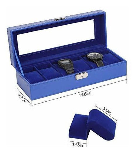 Nex 6-Slot Leather Watch Box Display Case Organizer - Blue 1