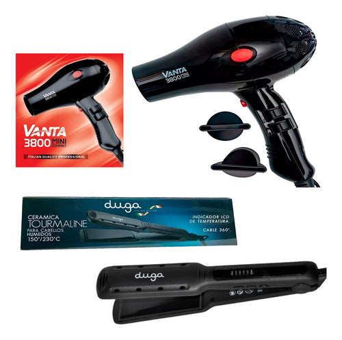 VANTA + DUGA Set Planchita Duga D207 Negro + Vanta 3800 Secador Pelo 6c 0