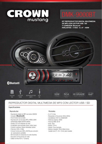 Combo Kit Estereo Auto Bluetooth Usb + Parlantes 80w Rms 6x9 6