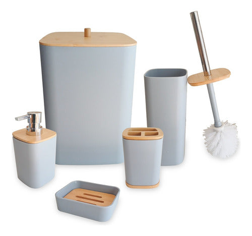 Consaco Set Baño Bambu Plastico X6 Cesto Dispenser Jabon Escobilla 0