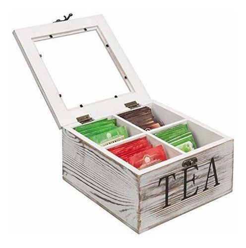 MyGift Rustic Whitewashed Wood Tea Bag Storage Chest With Clear Lid And Latch 1