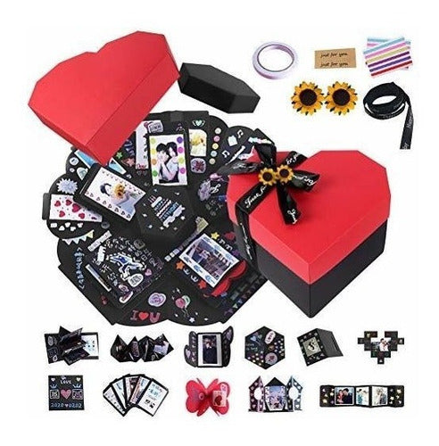 Recutms Love Explosion Box DIY Scrapbooking Set Handmade Photo Album, Gift Box For Marriage Proposals Birthday Surprise (Heart Black/Red) 0