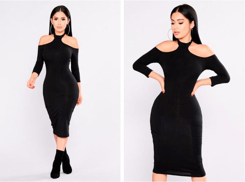Fitted Off-Shoulder Dress with Choker Neckline 0