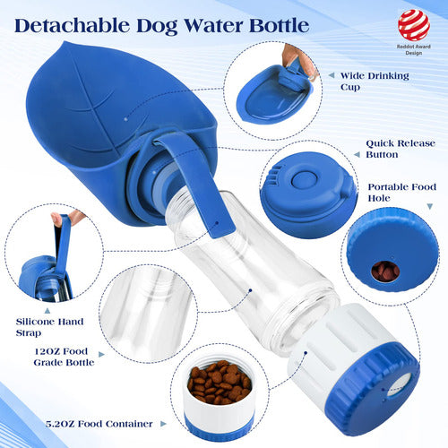 Tiovery Upgraded Dog Water Bottle, Portable Dog Cat Puppy Pet Water Dispenser Feeder With Drinking Cup And Food Container Leak Proof For Outdoor Walking, Travel, Hiking 12oz Blue 1