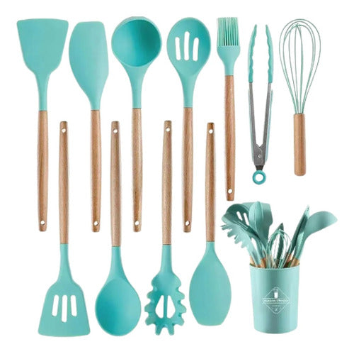 Aloha Set X12 Utensilios Cocina Silicona Mango Madera 0