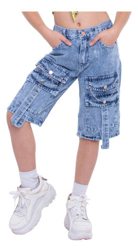 Girls' Jean Bermuda Shorts with Decorative Chain - High Waist - Adjustable Waist - 6 Pockets 0